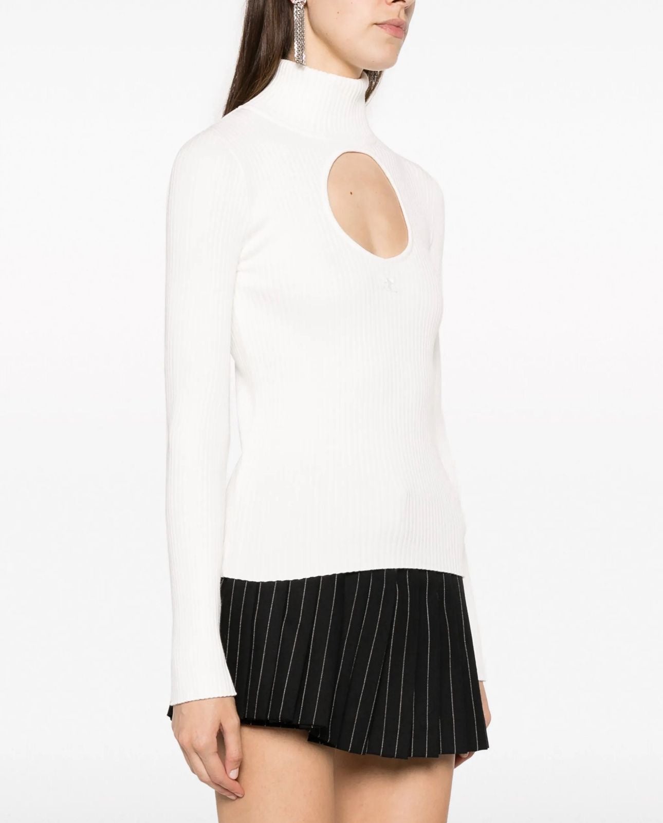 Courrèges Ribbed Jersey Sweater – White with Cut-Out and High Neck