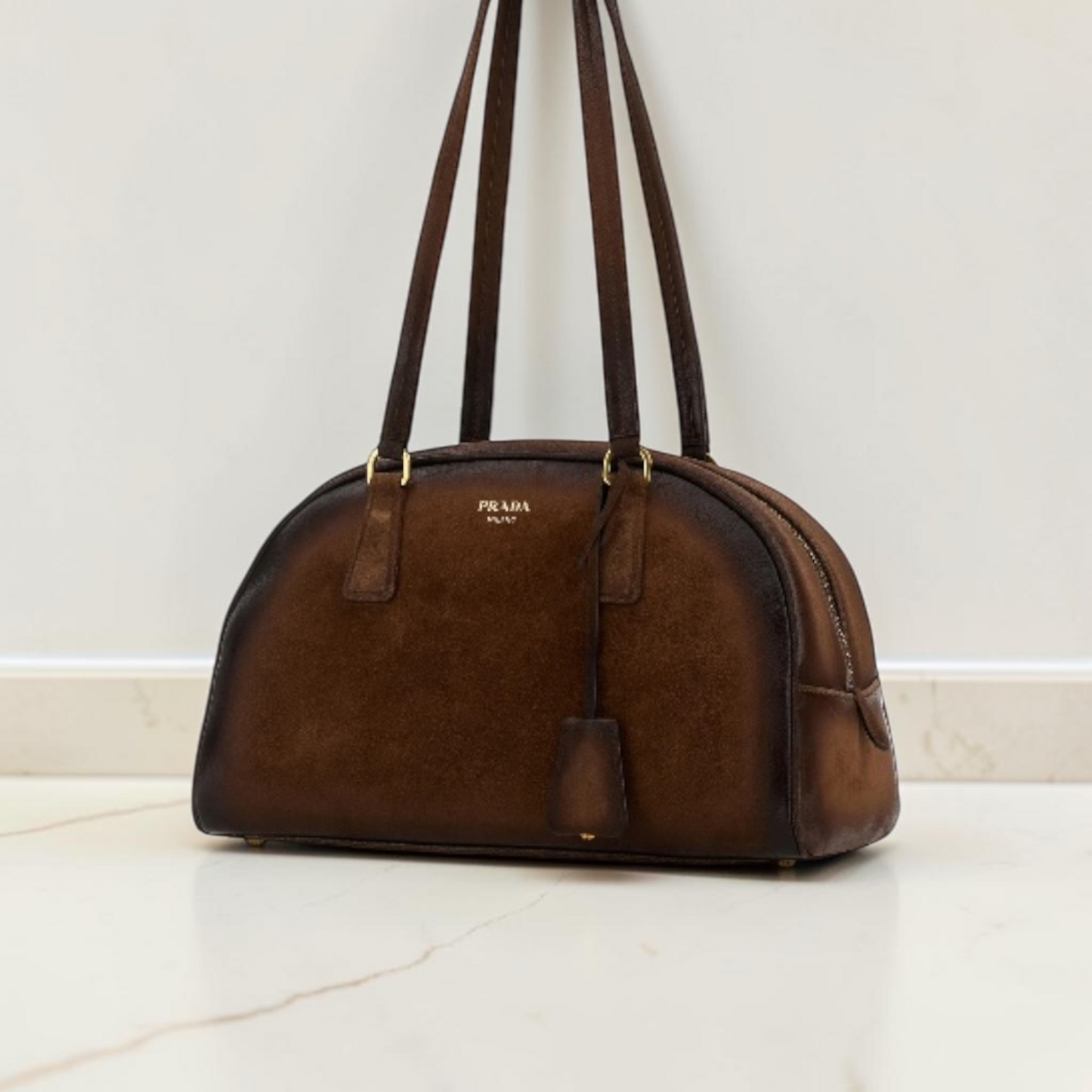 Prada borsa a spalla Bowling media in pelle marrone