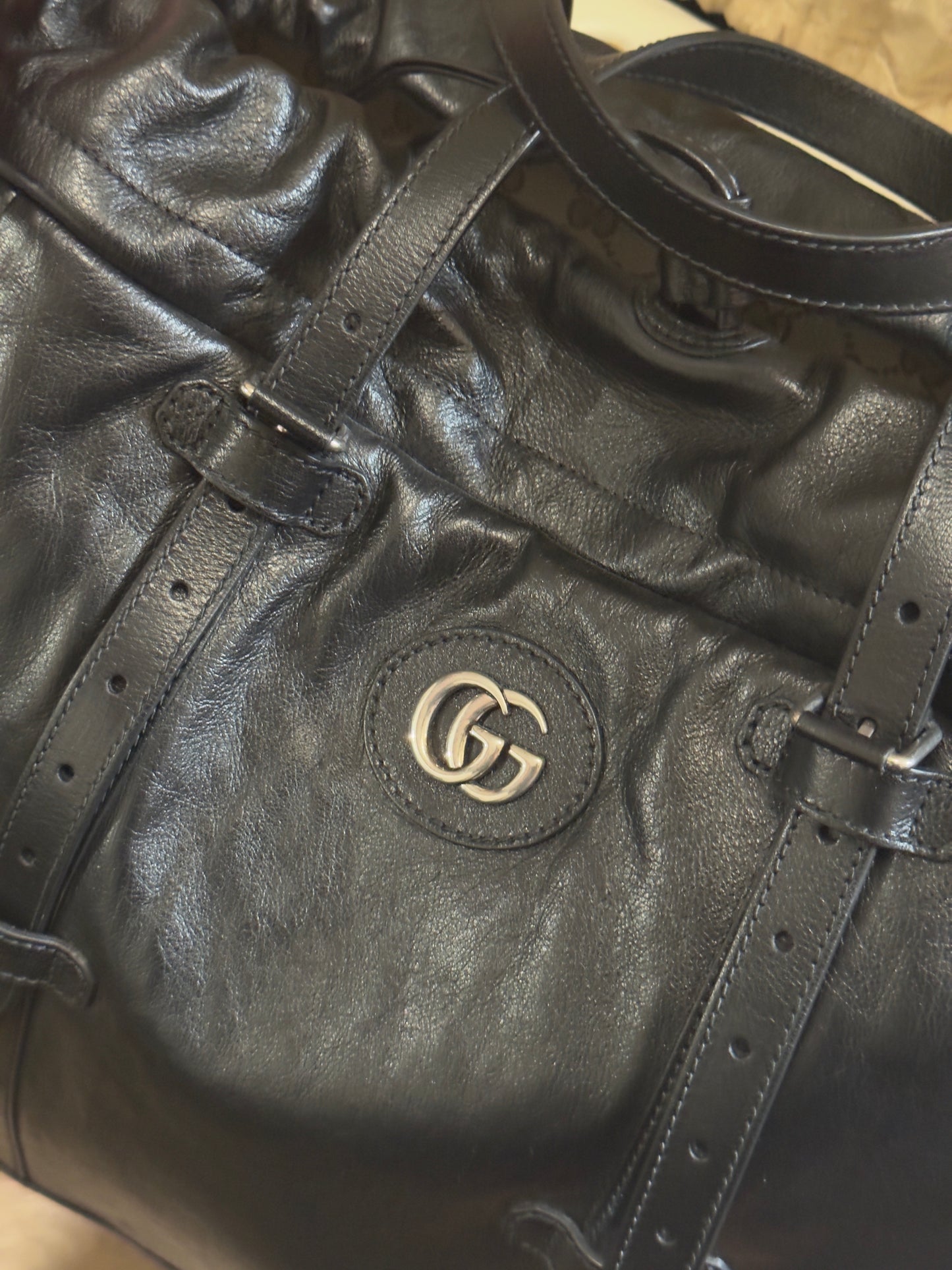 Gucci Black Leather Tote Bag with GG Logo