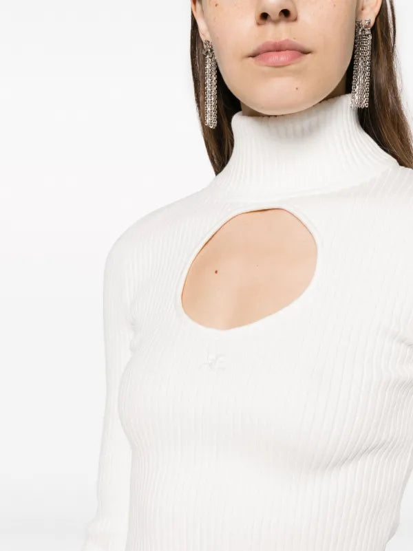Courrèges Ribbed Jersey Sweater – White with Cut-Out and High Neck