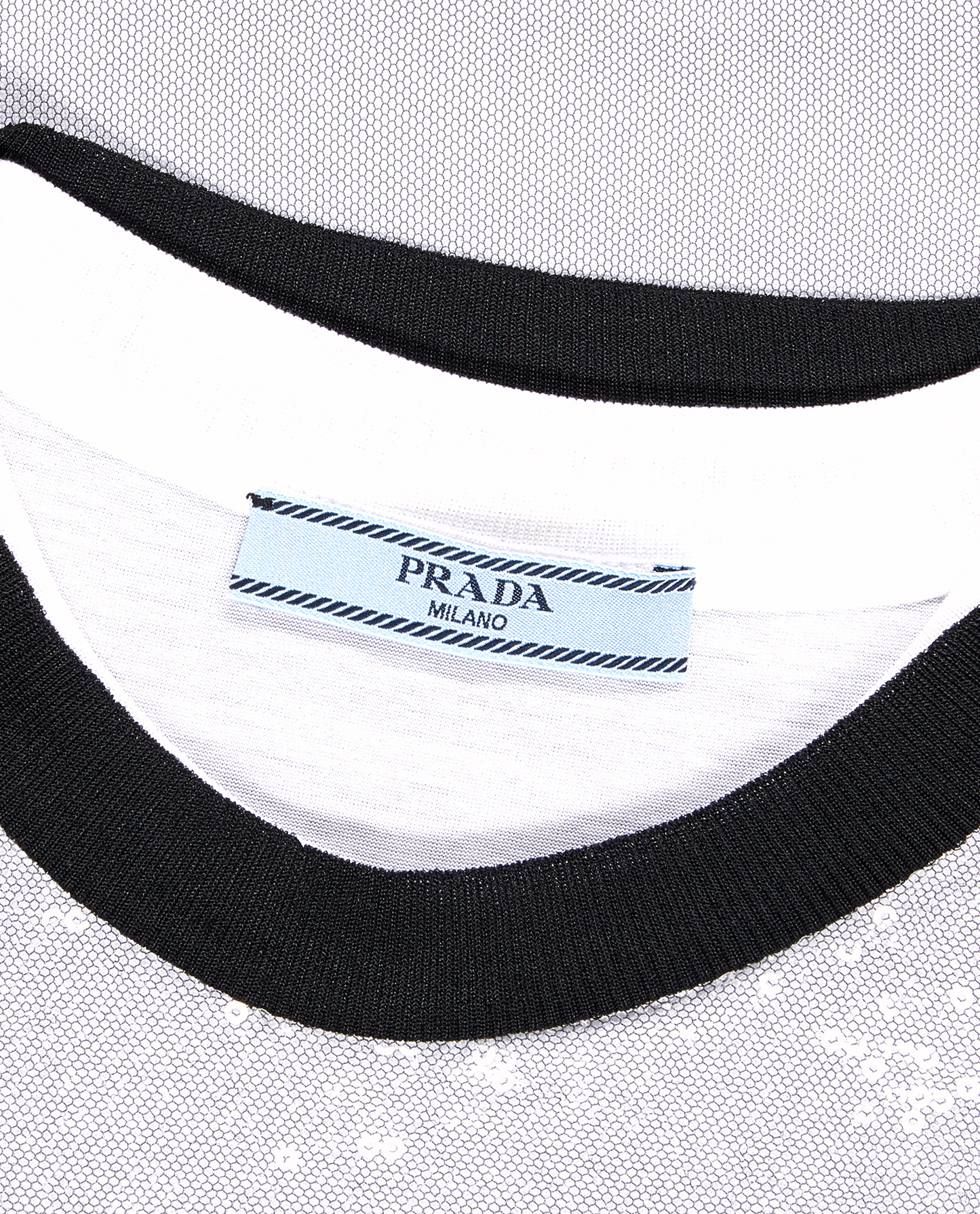 Prada girocollo in Tulle con Paillettes Bianco e Nero