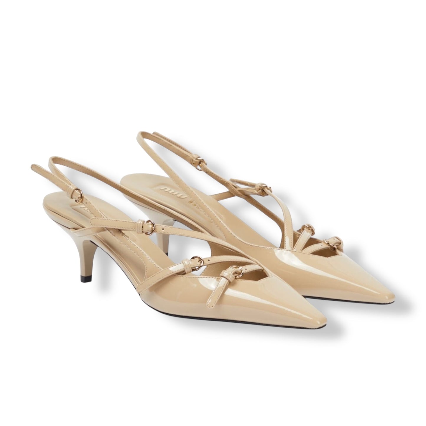 Sand patent slingback pumps