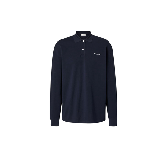 Miu Miu Polo Blu in Cotone Piqué con Logo - Maniche Lunghe