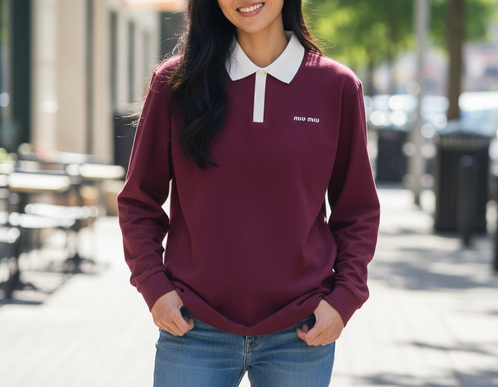 Miu Miu Polo in Cotone Bordeaux con Colletto Bianco
