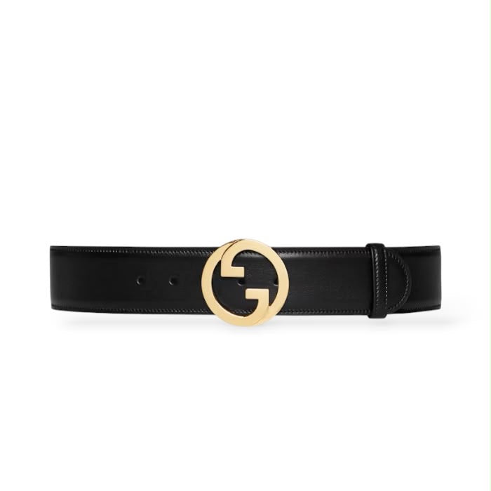 Gucci cintura in pelle nera con fibbia GG Interlocking oro
