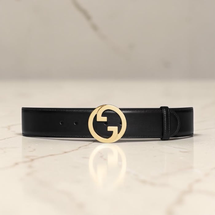 Gucci cintura in pelle nera con fibbia GG Interlocking oro