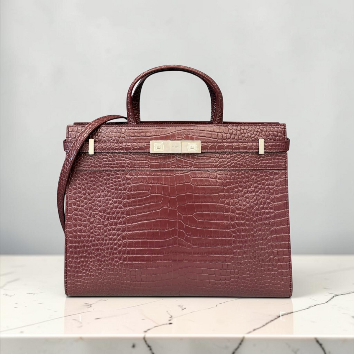 Saint Laurent Manhattan in pelle bordeaux effetto coccodrillo