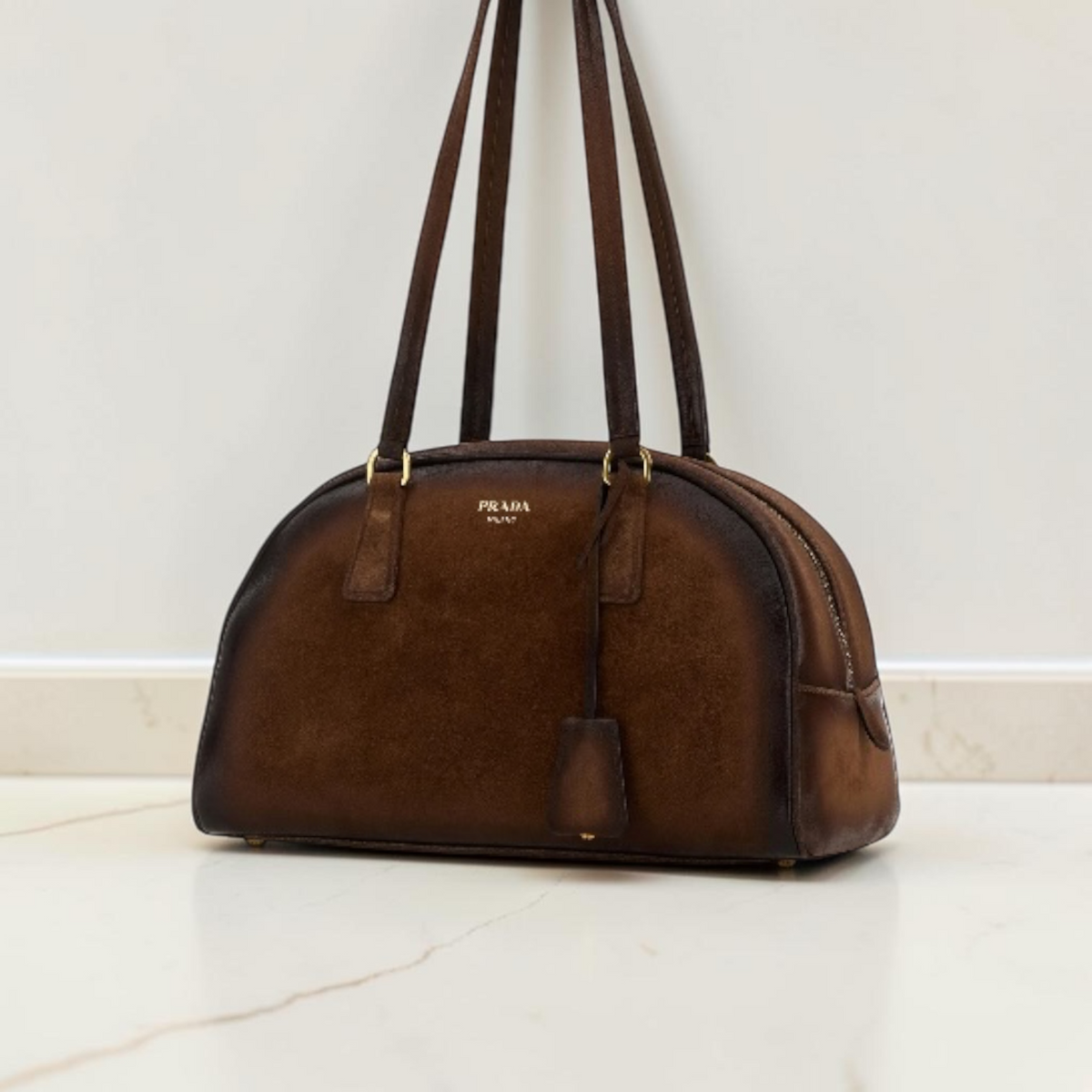 Prada borsa a spalla Bowling media in pelle marrone