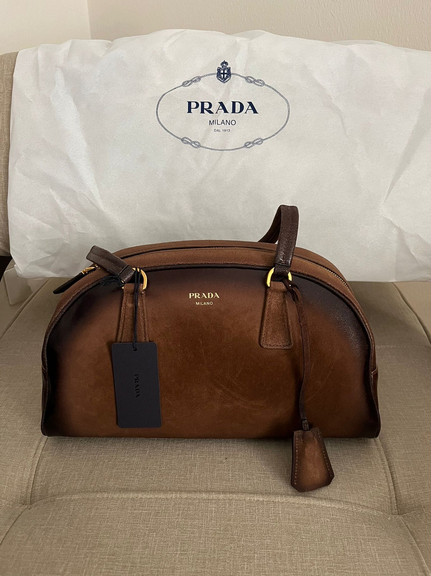 Prada borsa a spalla Bowling media in pelle marrone