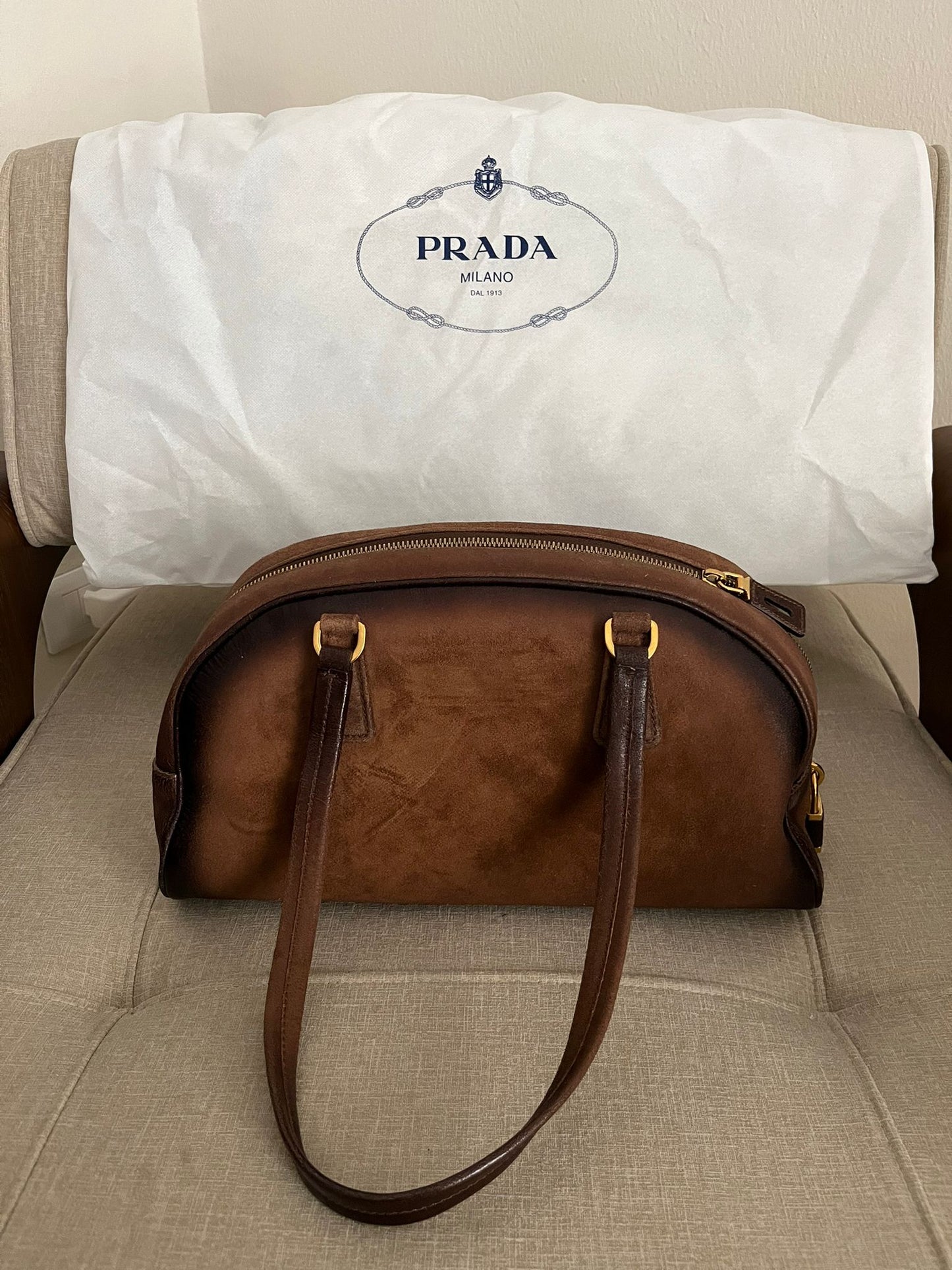 Prada borsa a spalla Bowling media in pelle marrone