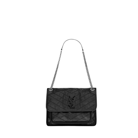Saint Laurent Niki Medium nera con logo nero e catena argento