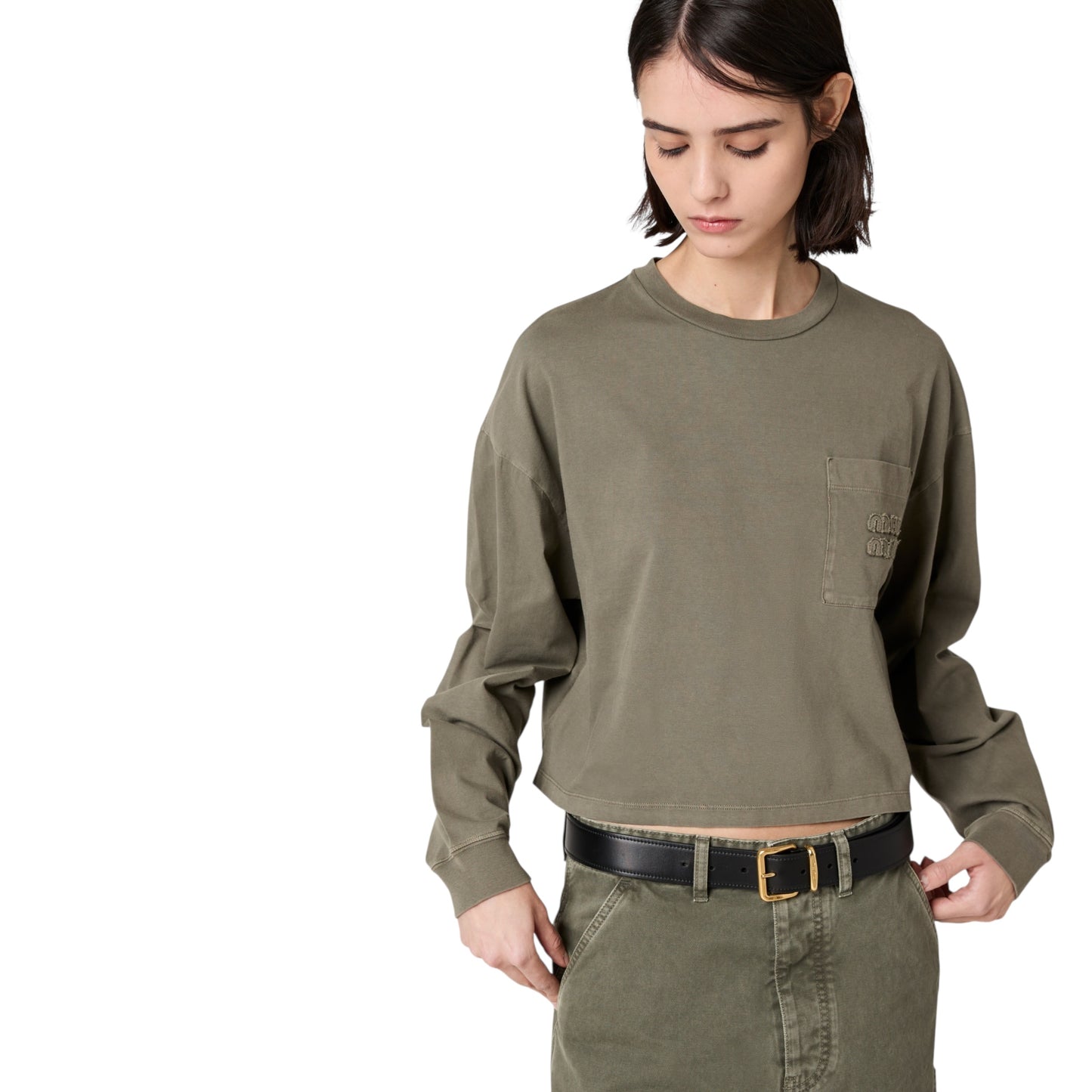 Miu Miu T-shirt Cropped Manica Lunga Oliva