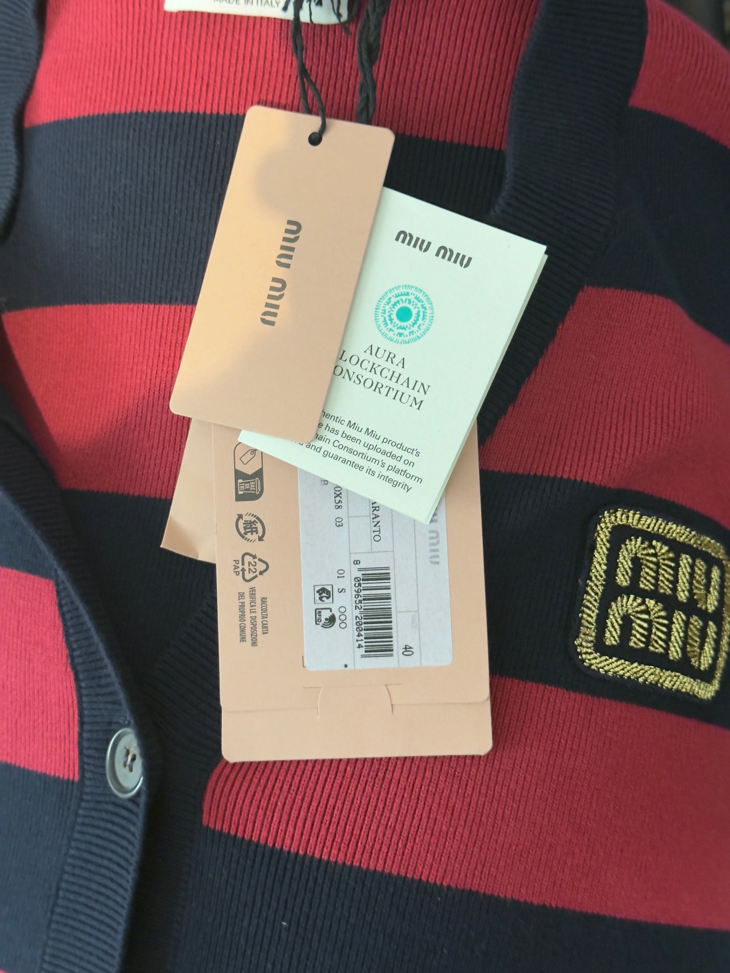 Miu Miu Cardigan a Righe con Logo Ricamato