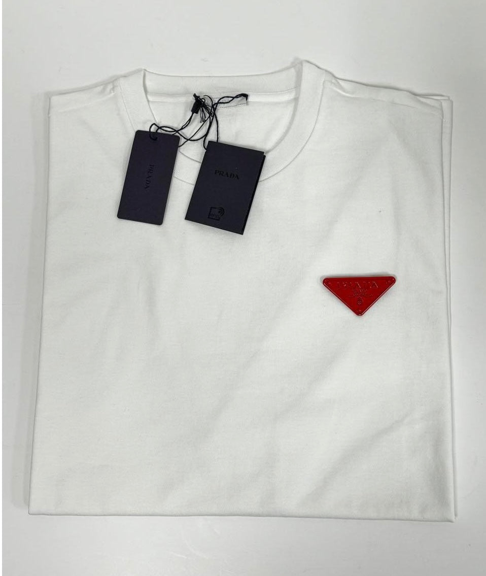 Prada Girocollo Crop Bianco con Logo Rosso