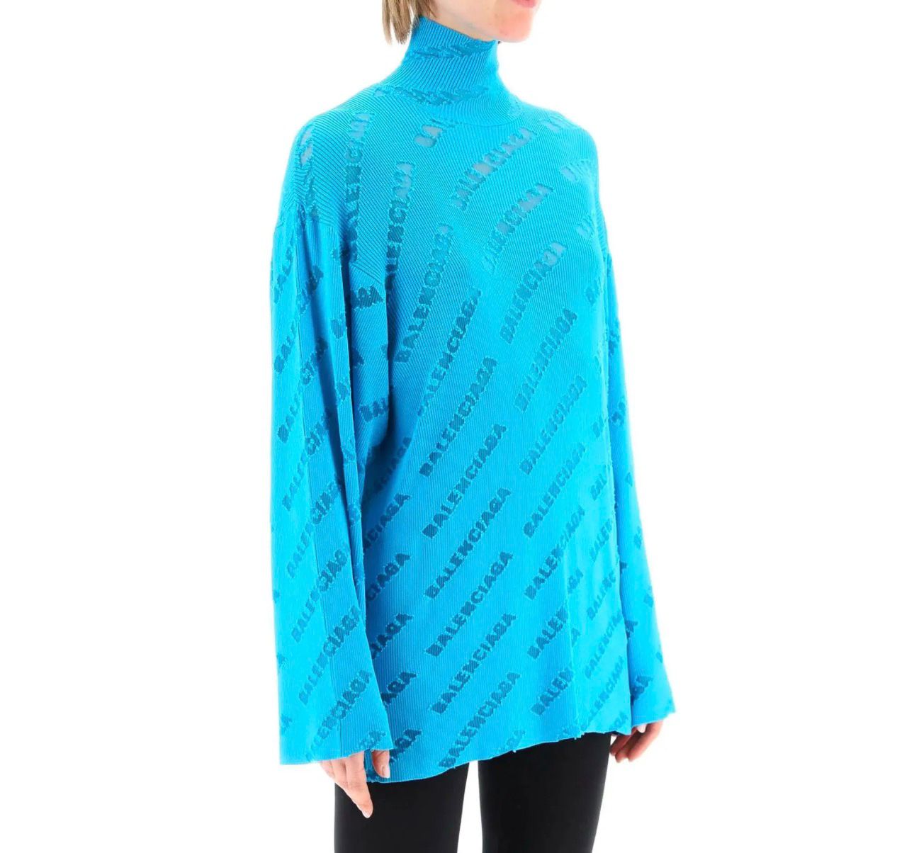 Balenciaga Maglione a collo alto Celeste con Logo All Over