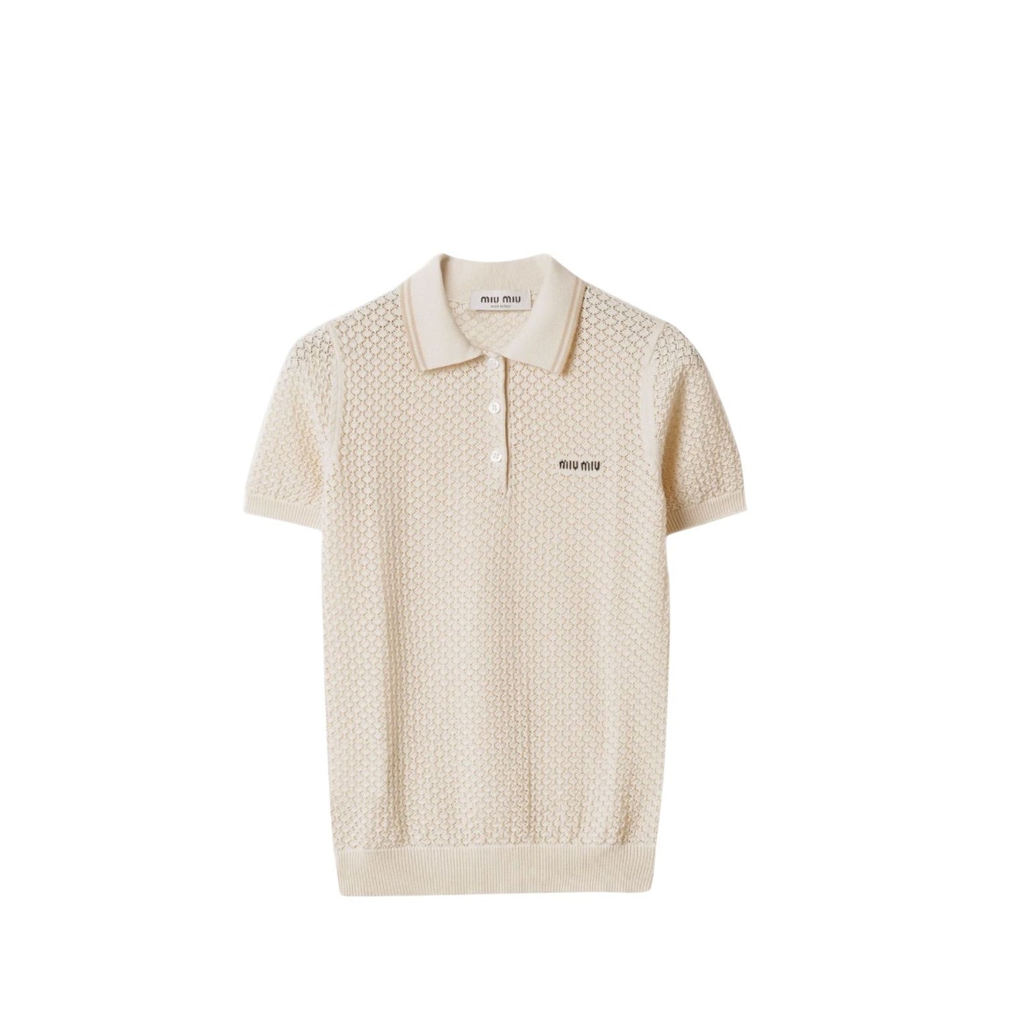 Miu Miu Polo in Maglia Avorio a Maniche Corte