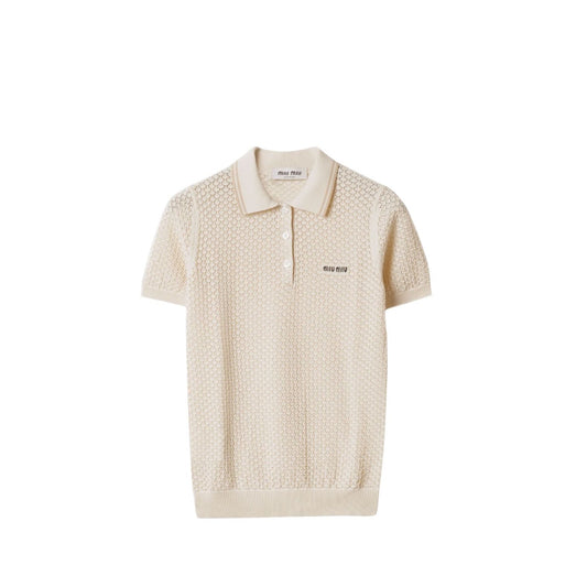 Miu Miu Polo in Maglia Avorio a Maniche Corte