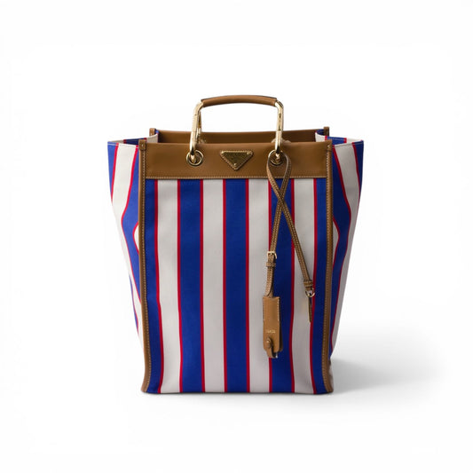 Prada tote bag a righe in canvas con dettagli in pelle