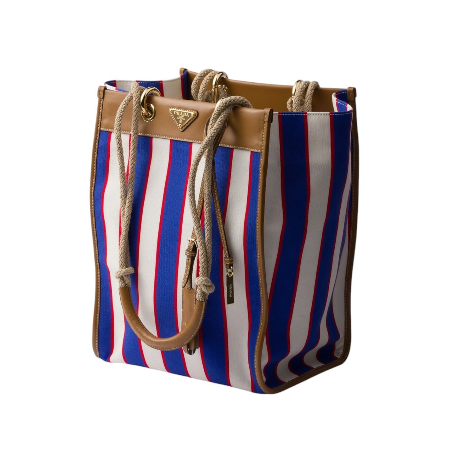 Prada tote bag a righe in canvas con dettagli in pelle