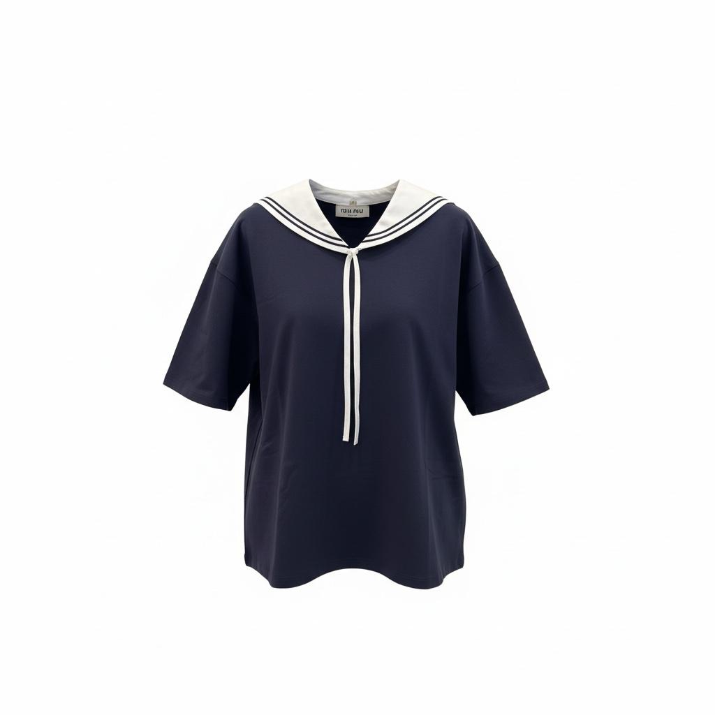 Miu Miu T-shirt in Cotone Blu con Colletto Marinaio