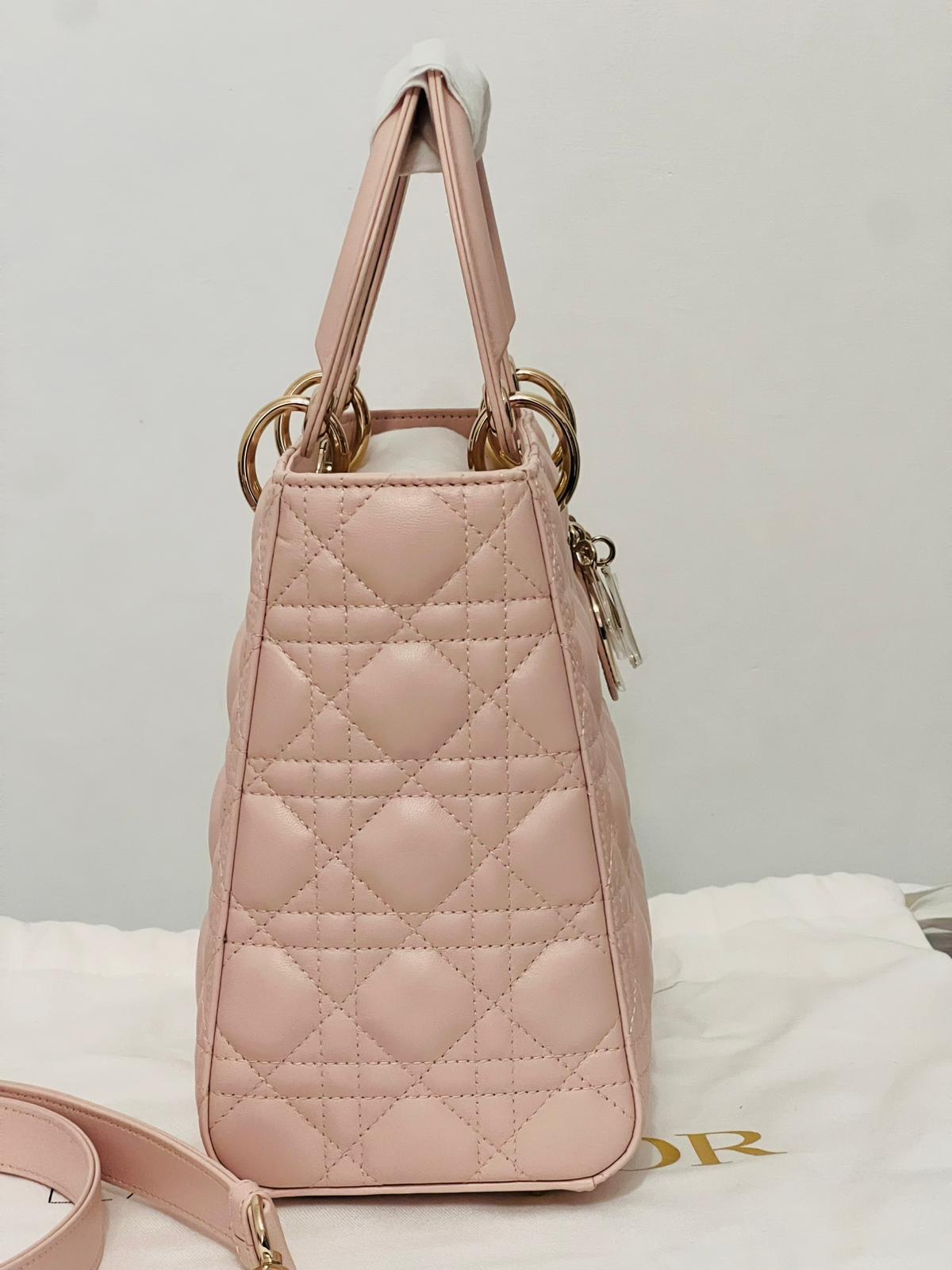 Dior Borsa Lady Dior Media in Pelle Cannage Rosa Cipria