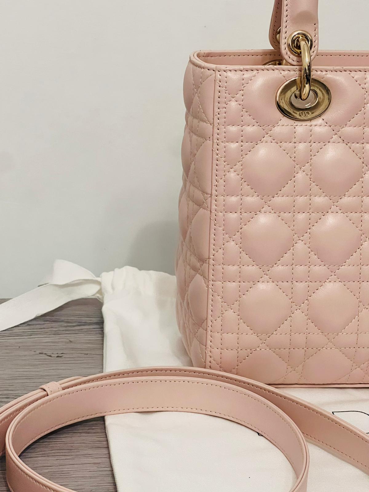 Dior Borsa Lady Dior Media in Pelle Cannage Rosa Cipria