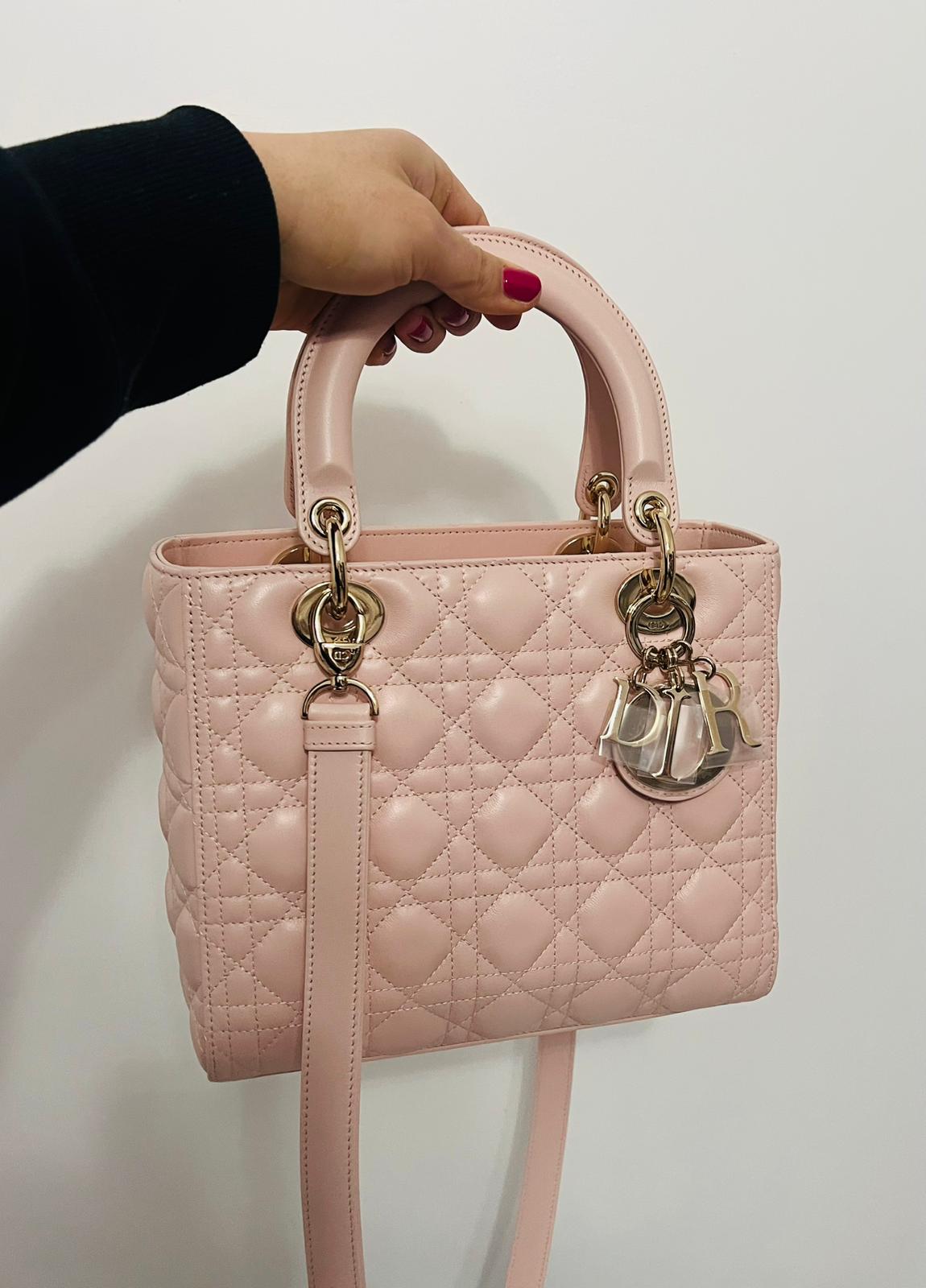 Dior Borsa Lady Dior Media in Pelle Cannage Rosa Cipria