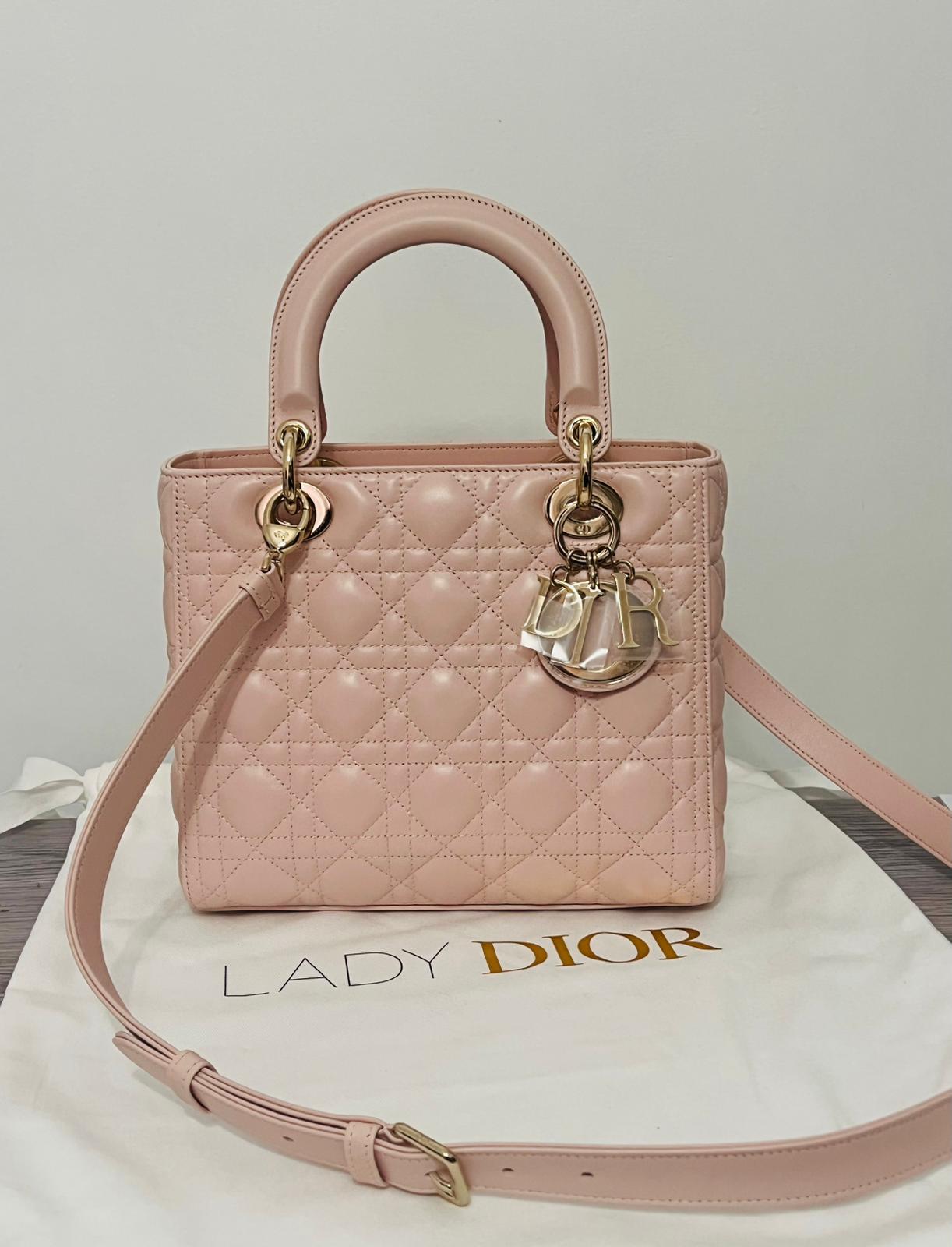 Dior Borsa Lady Dior Media in Pelle Cannage Rosa Cipria