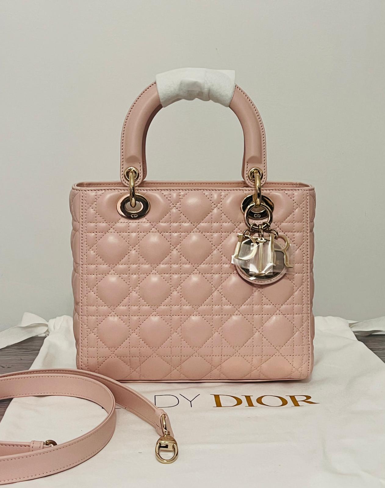 Dior Borsa Lady Dior Media in Pelle Cannage Rosa Cipria