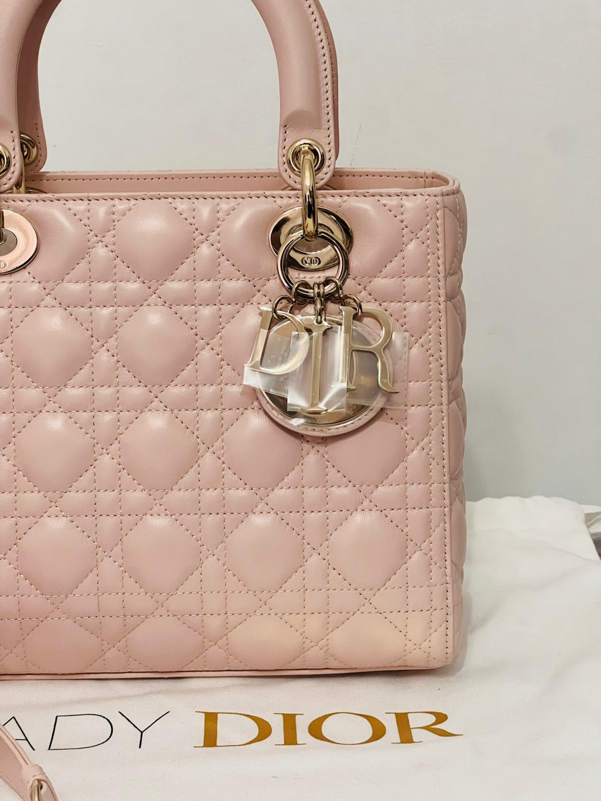 Dior Borsa Lady Dior Media in Pelle Cannage Rosa Cipria