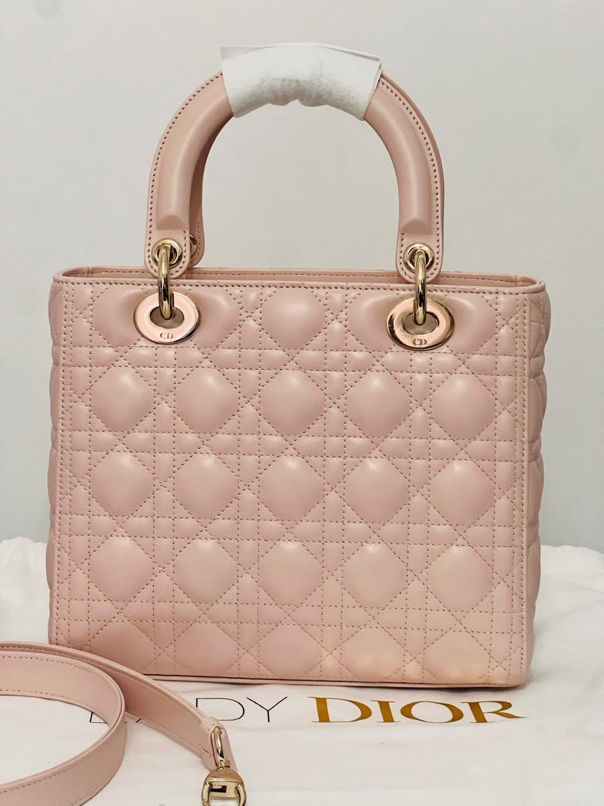 Dior Borsa Lady Dior Media in Pelle Cannage Rosa Cipria