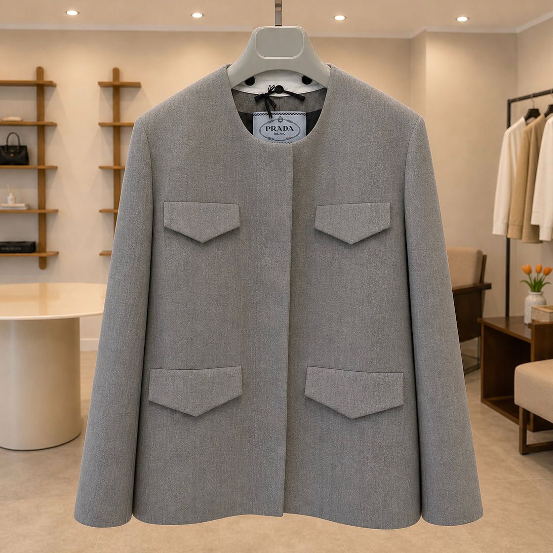Prada Giacca grigia con colletto bianco a contrasto