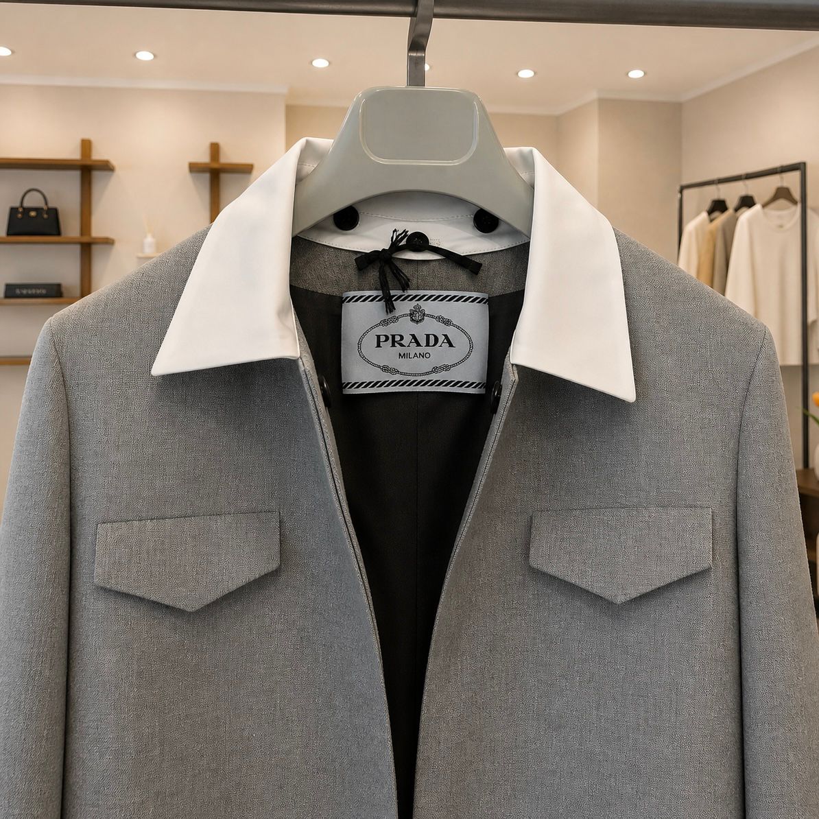 Prada Giacca grigia con colletto bianco a contrasto