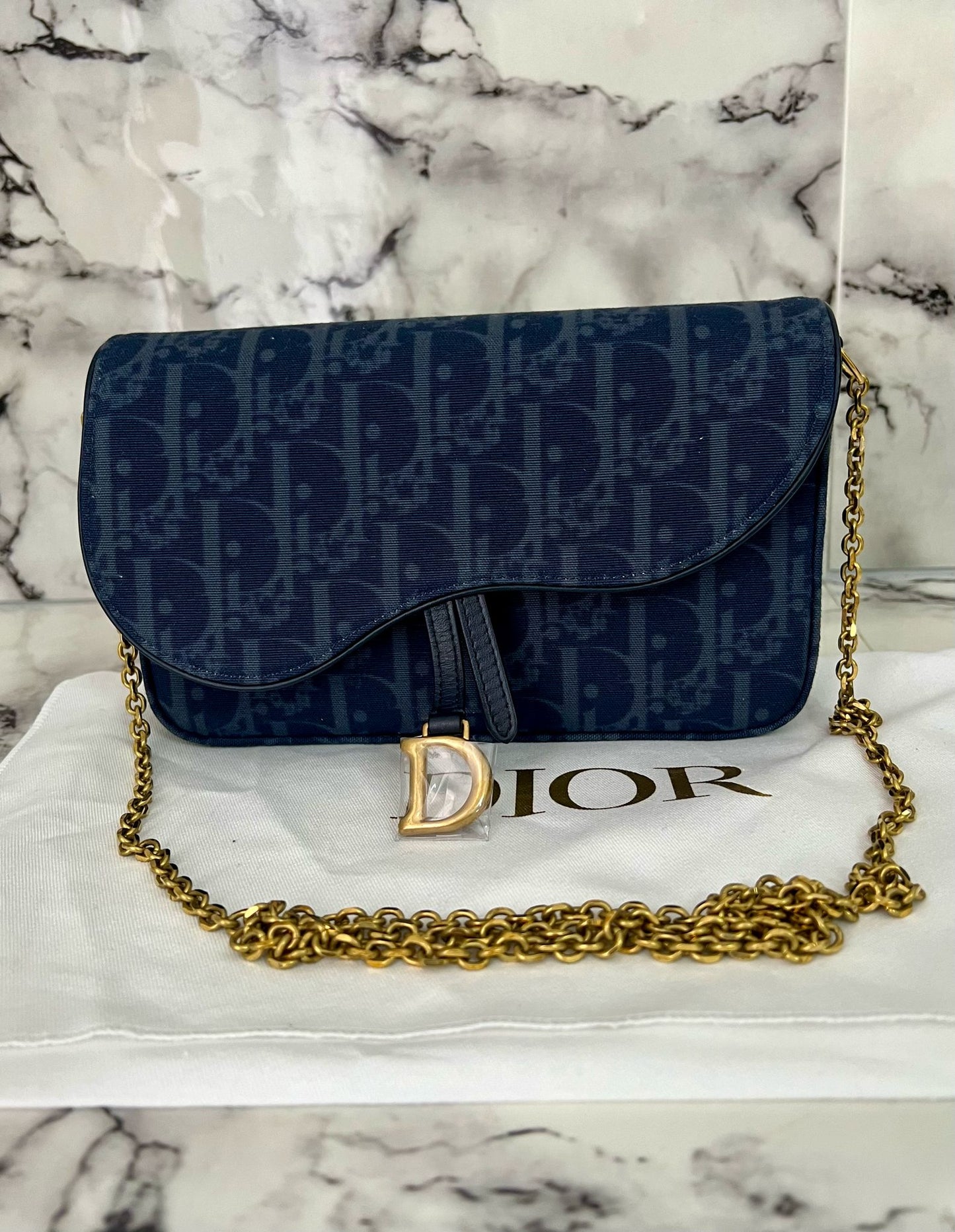Dior pochette media con catena saddle Blu