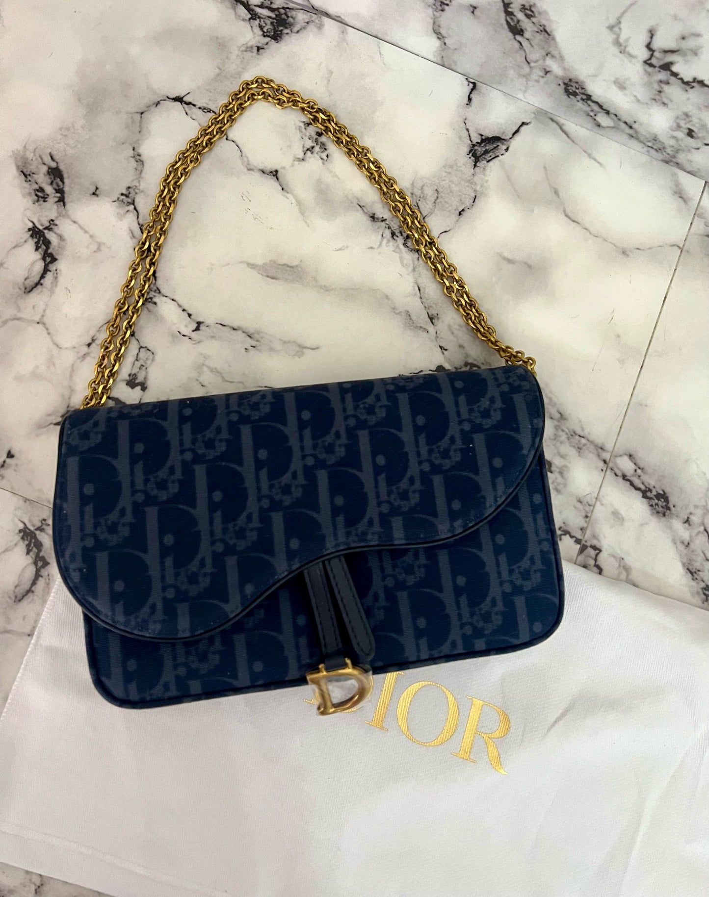 Dior pochette media con catena saddle Blu