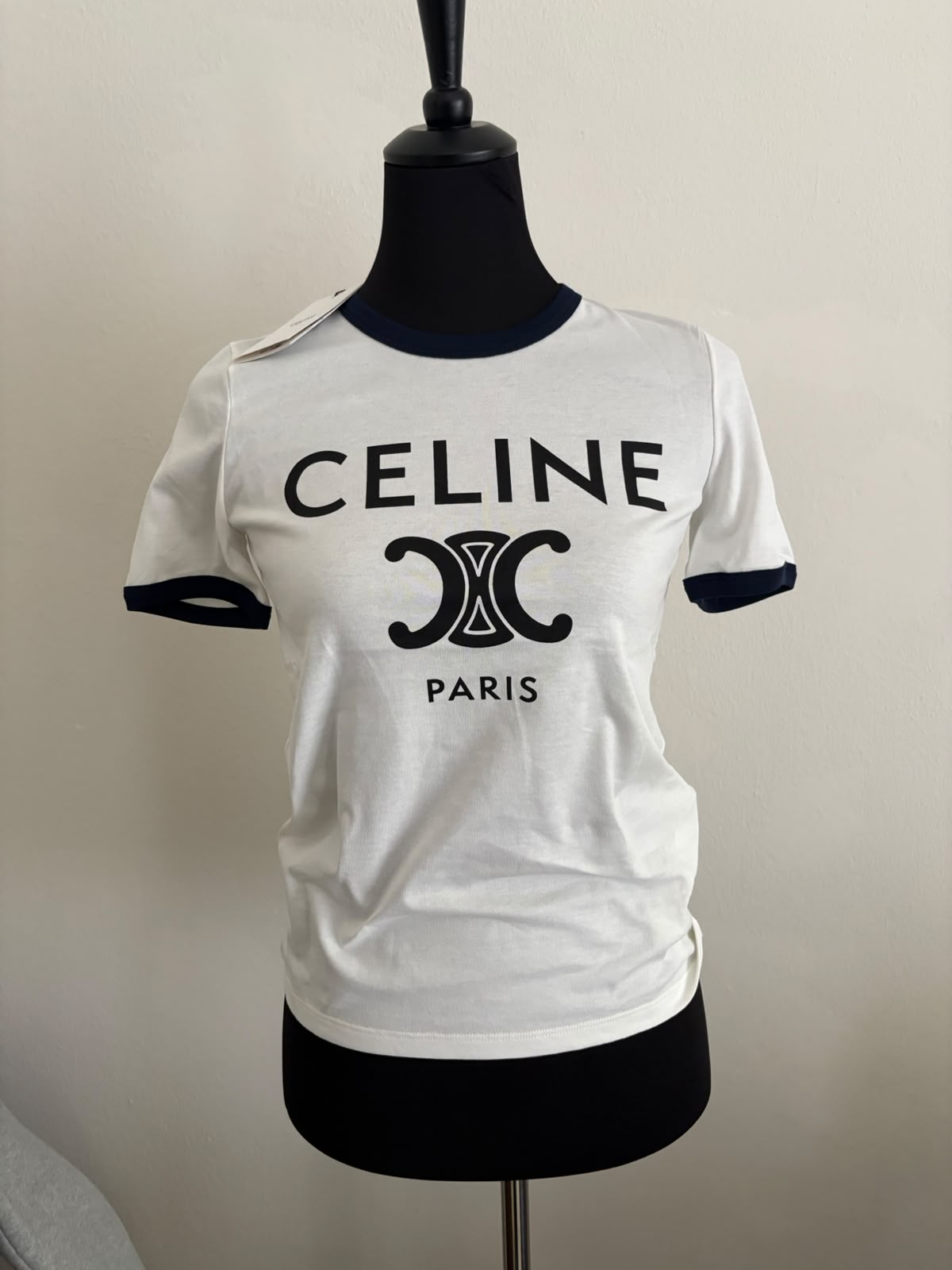 Celine T-shirt bianco e blu navy