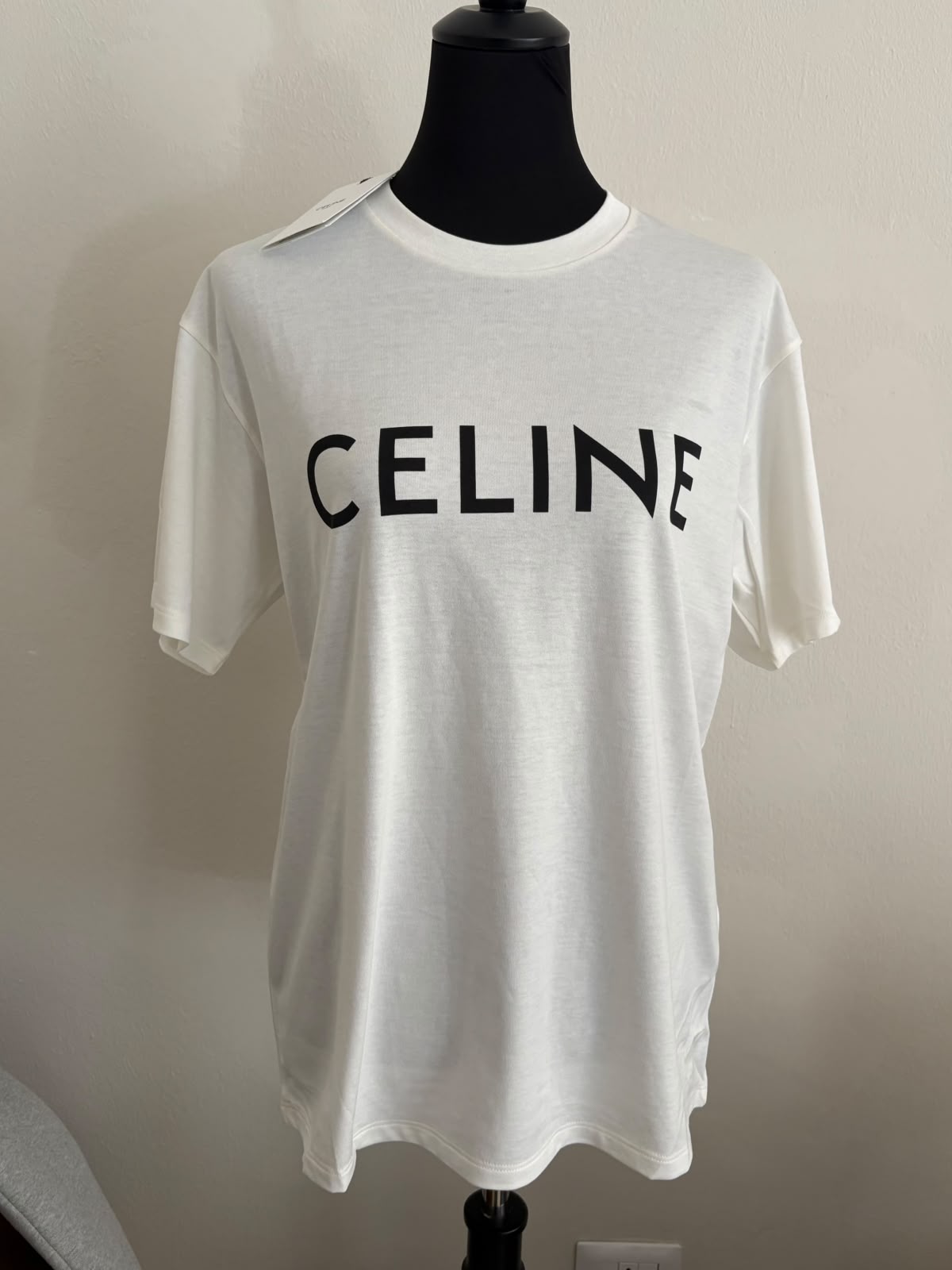 Celine T-shirt Bianca con Logo nero