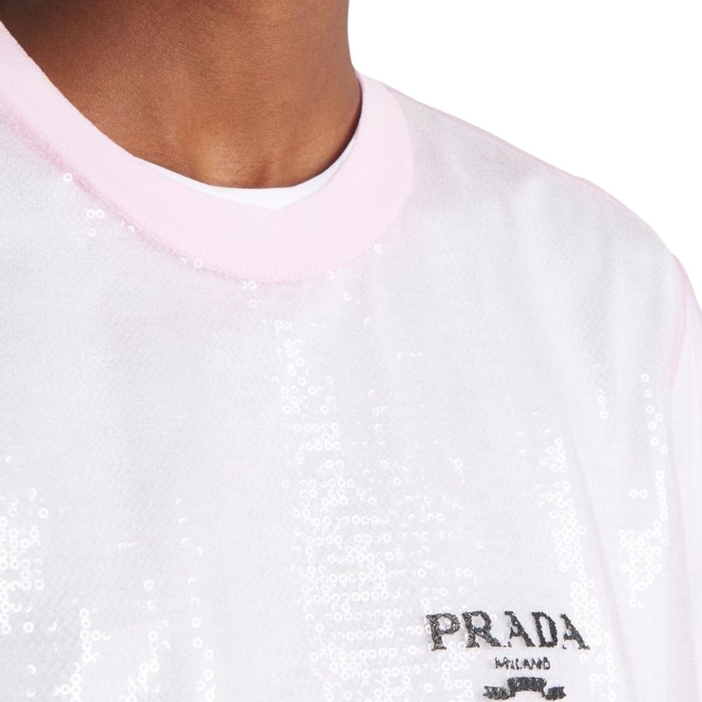 Prada girocollo in Tulle con Paillettes Bianco e Rosa