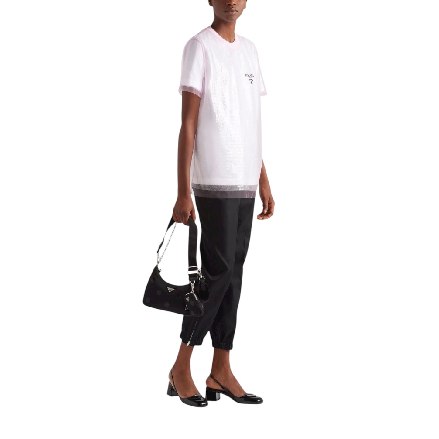 Prada girocollo in Tulle con Paillettes Bianco e Rosa