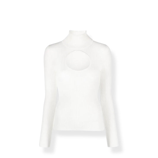 Courrèges Ribbed Jersey Sweater – White with Cut-Out and High Neck