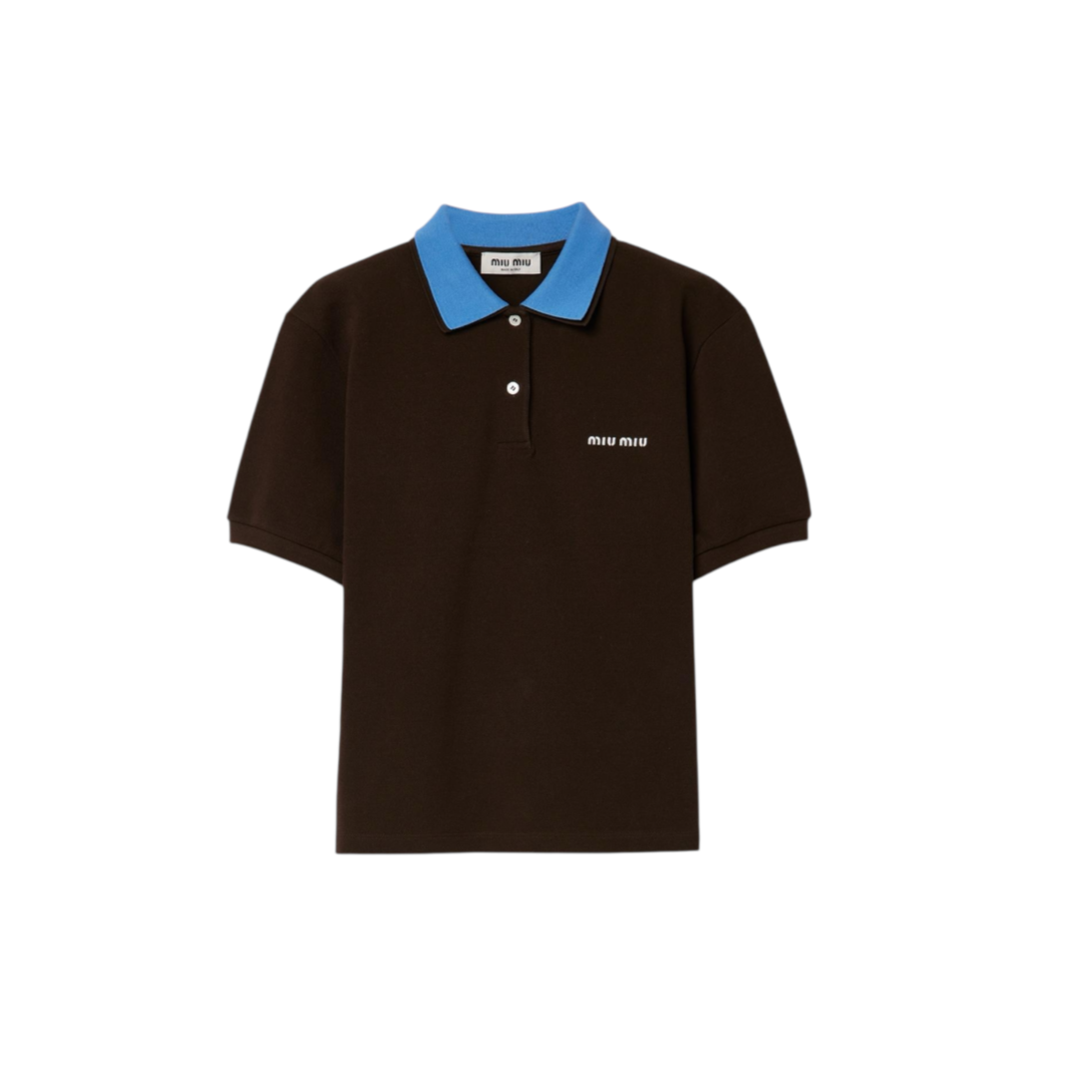 Miu Miu Polo in Cotone Piquet Marrone con Colletto Azzurro