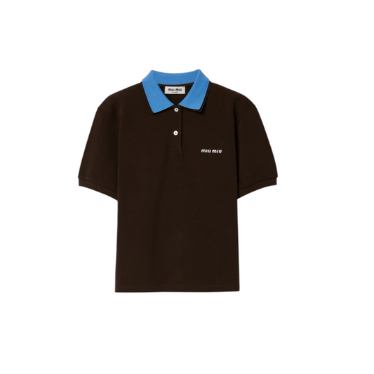 Miu Miu Polo in Cotone Piquet Marrone con Colletto Azzurro