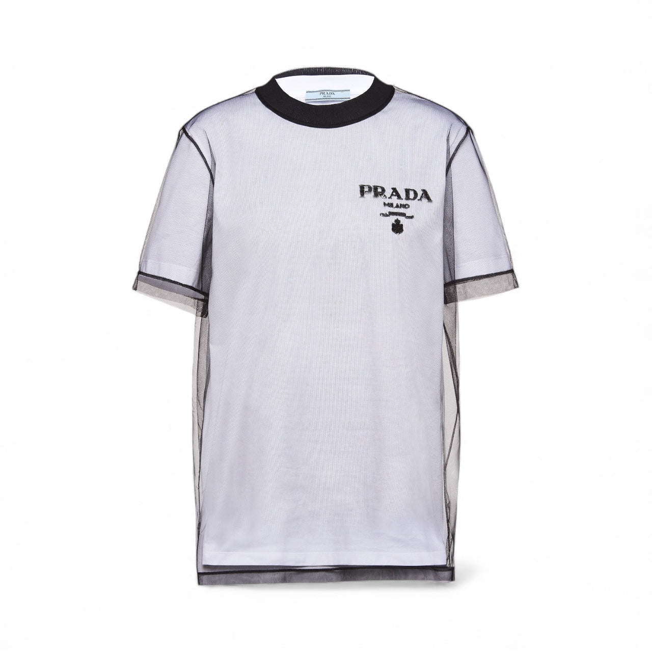 Prada girocollo in Tulle con Paillettes Bianco e Nero