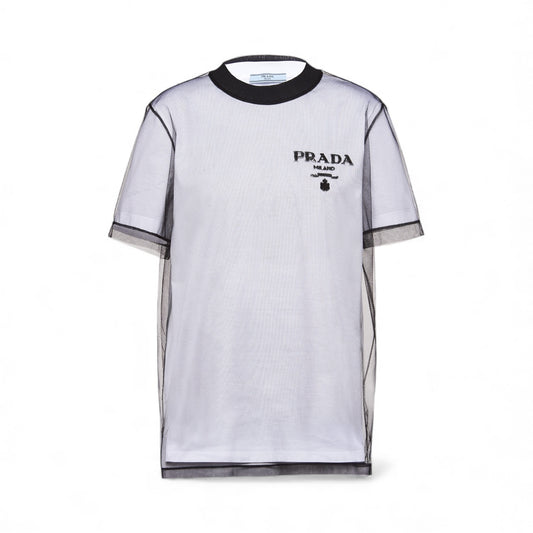 Prada girocollo in Tulle con Paillettes Bianco e Nero