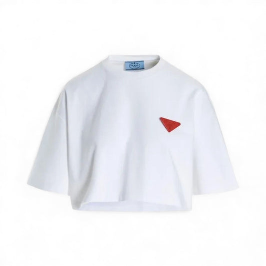 Prada Girocollo Crop Bianco con Logo Rosso