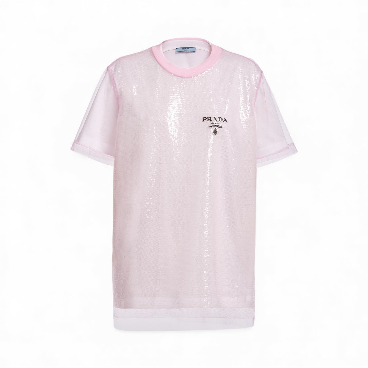 Prada girocollo in Tulle con Paillettes Bianco e Rosa