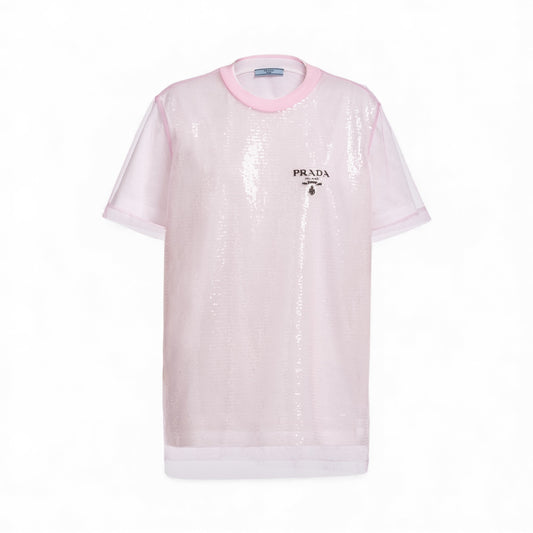 Prada girocollo in Tulle con Paillettes Bianco e Rosa