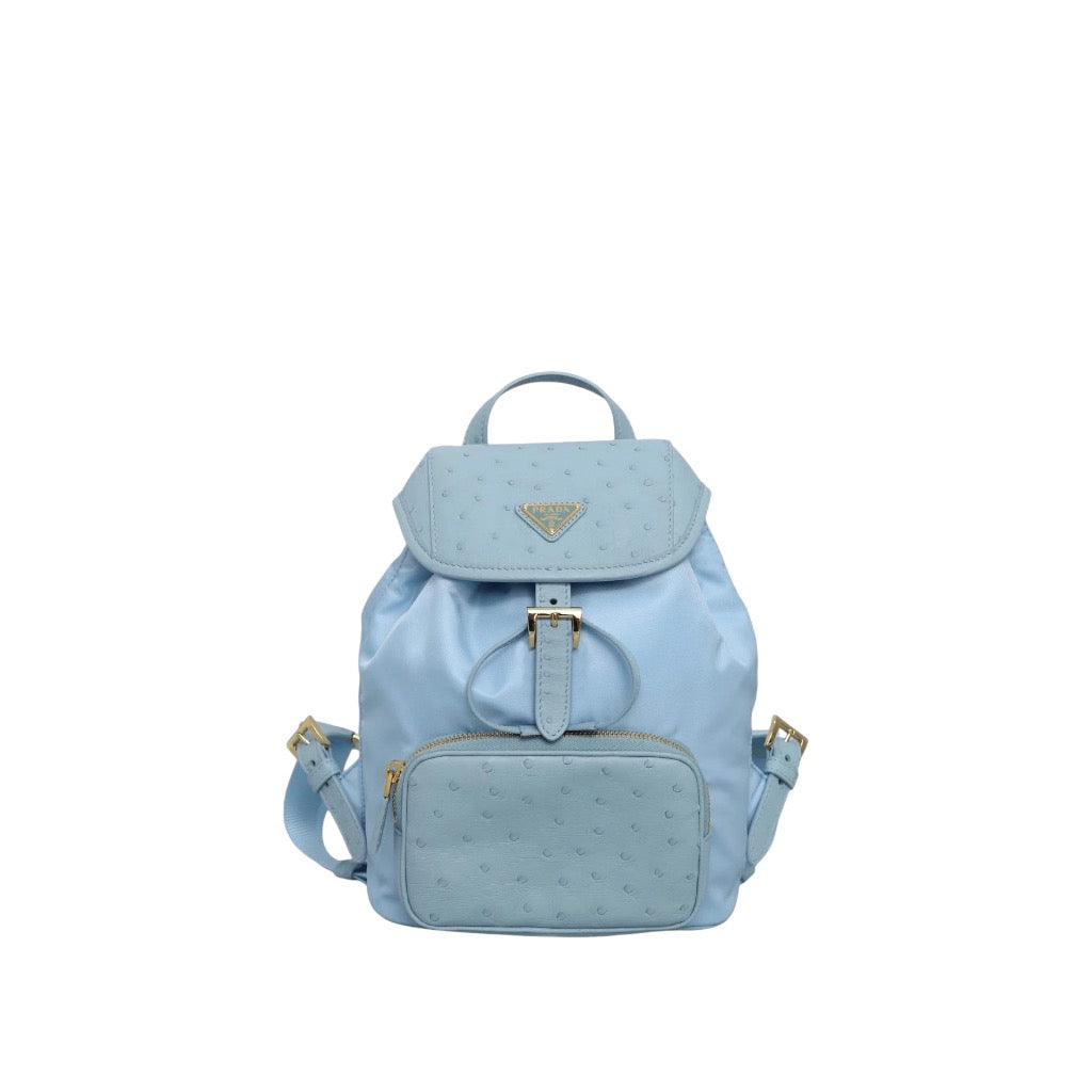 Prada zainetto in nylon azzurro con dettagli in pelle