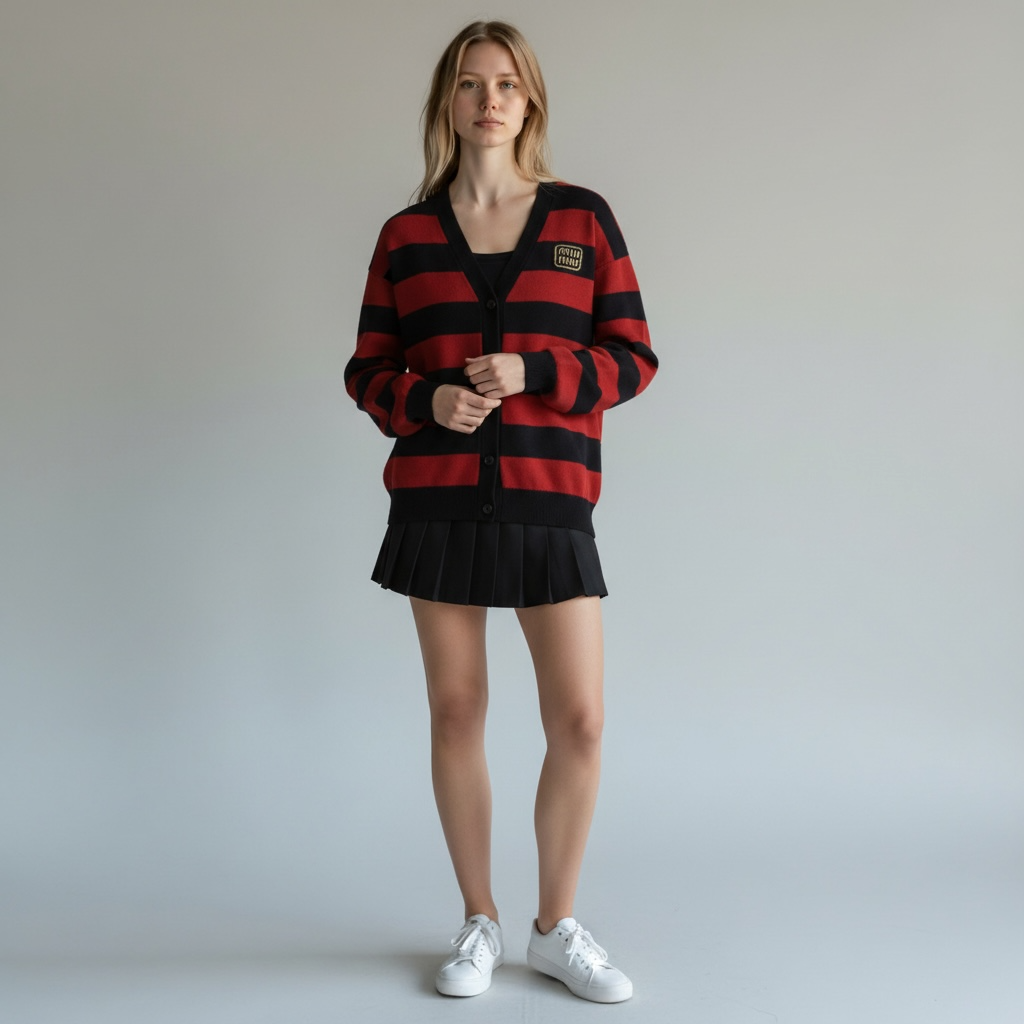 Miu Miu Cardigan a Righe con Logo Ricamato