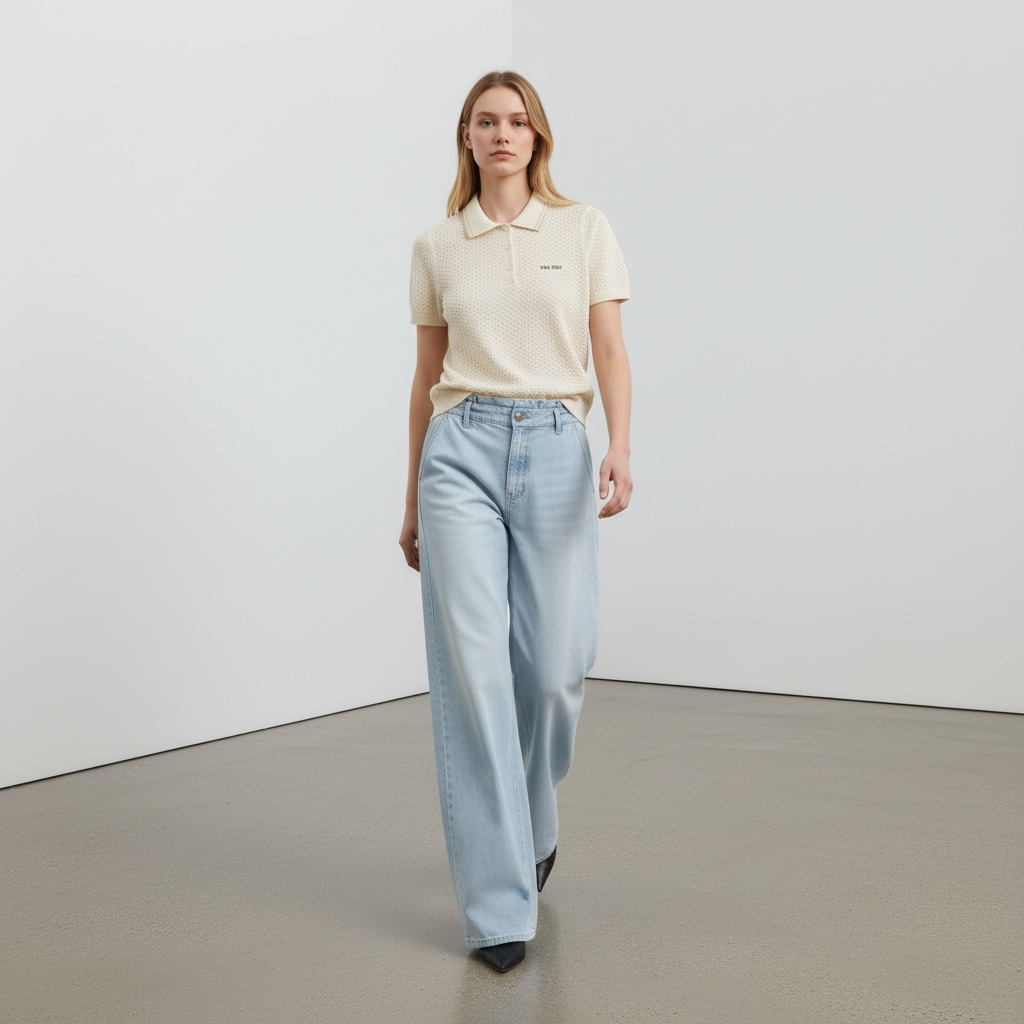 Miu Miu Polo in Maglia Avorio a Maniche Corte